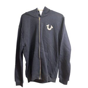 True Religion Mens Navy Blue Full Zip Hoodie With Logo Graphic Size M